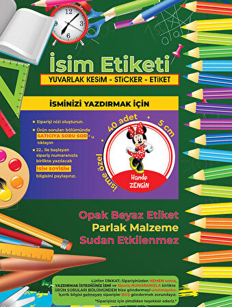 Okul Etiketi Kalem Defter Etiketi, Minnie Mouse Etiketi - 40 Adet 5cm Opak Sticker