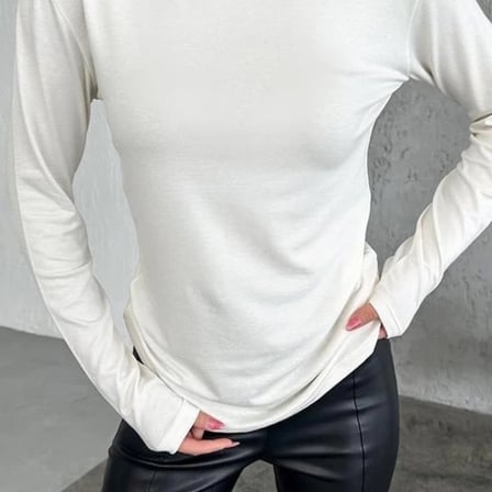 Rahat Ve Şık Uzun Kollu Bisiklet Yaka Likralı Viskon Penye Body Ekru