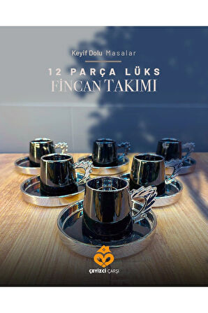 12 Parça Lüks Siyah Metalik Kahve Fincan Takımı – Modern Tasarım & Gümüş Detaylı