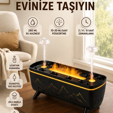 Dekoratif Siyah Hava Nemlendirici Jöle Damla Ve Alev Efektli Led Işıklı Aroma Difüzörü