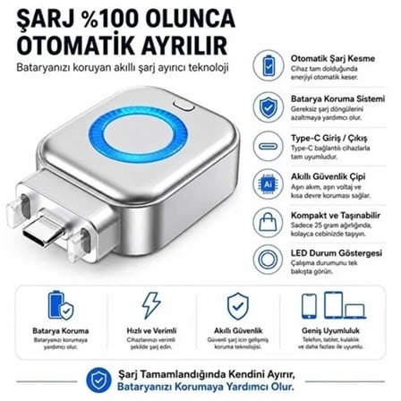Akım Korumalı Type-c Akıllı Şarj Ayırıcı Otomatik Şarj Kesici Batarya Koruma Adaptörü Hızlı Şarj Destekli