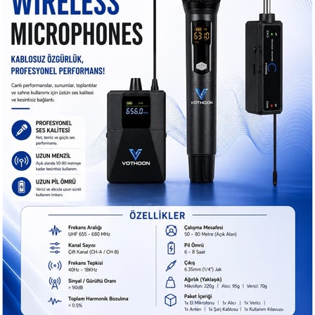 Mikrofon Seti Uhf Çift Kanal Profesyonel El Mikrofonu 50-80m Menzil