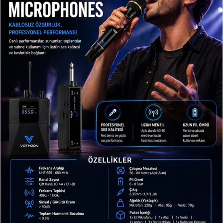 Mikrofon Seti Uhf Çift Kanal Profesyonel El Mikrofonu 50-80m Menzil