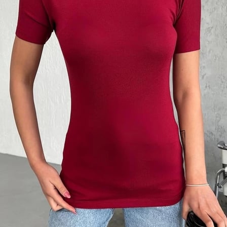 Rahat Ve Şık Kısa Kollu Bisiklet Yaka Likralı Viskon Penye Body Bordo