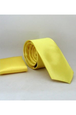 Erkek Sarı Saten Mendilli Kravat Set