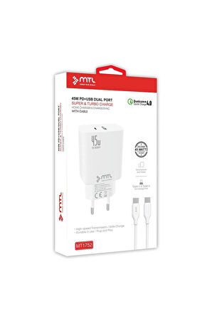 45w Turbo Pd Type-c To Type-c Ve Usb Çift Girişli Şarj Adaptörü Qc 4.0 Mt1752