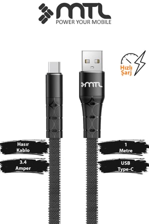 3.4A USB to Type-C Hızlı Şarj ve Data Kablosu Hasır Flat 1 Metre Siyah MT2322