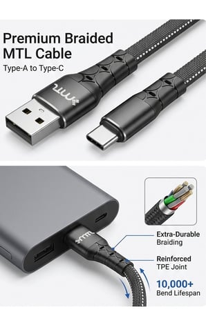 3.4A USB to Type-C Hızlı Şarj ve Data Kablosu Hasır Flat 1 Metre Siyah MT2322