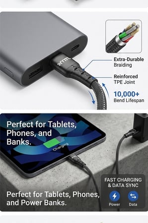 3.4A USB to Type-C Hızlı Şarj ve Data Kablosu Hasır Flat 1 Metre Siyah MT2322