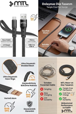 3.4A USB to Type-C Hızlı Şarj ve Data Kablosu Hasır Flat 1 Metre Siyah MT2322