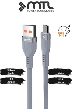 3.4A USB to Micro Metal Başlıklı Extra Yumuşak Hızlı Şarj ve Data Aktarım Kablosu 1 Metre MT2351