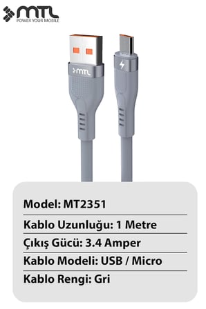 3.4A USB to Micro Metal Başlıklı Extra Yumuşak Hızlı Şarj ve Data Aktarım Kablosu 1 Metre MT2351