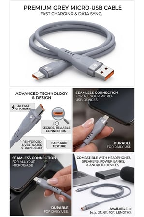 3.4A USB to Micro Metal Başlıklı Extra Yumuşak Hızlı Şarj ve Data Aktarım Kablosu 1 Metre MT2351
