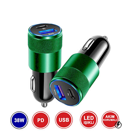 Araç Şarj Cihazı 38 W PD + QC 4.0 Çift Çıkışlı + Type‑C to Lightning 1 m Kablo – Yeşil Metal MT1834
