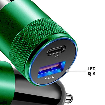 Araç Şarj Cihazı 38 W PD + QC 4.0 Çift Çıkışlı + Type‑C to Lightning 1 m Kablo – Yeşil Metal MT1834