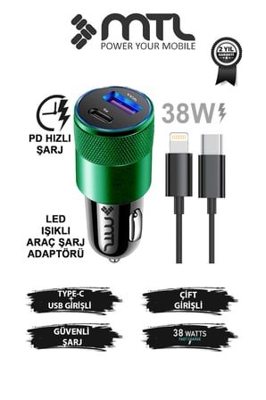 Araç Şarj Aleti Çakmaklık 38W Lightning |Type-C + USB Çift Portlu - Qualcomm QC 4.0 Desteği MT-A1834