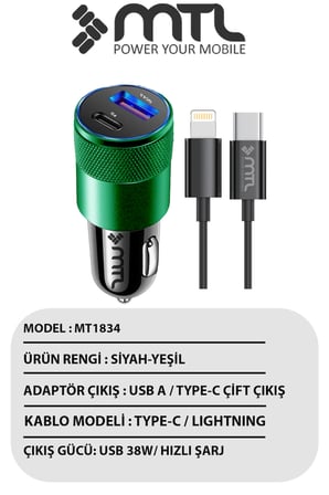 Araç Şarj Aleti Çakmaklık 38W Lightning |Type-C + USB Çift Portlu - Qualcomm QC 4.0 Desteği MT-A1834