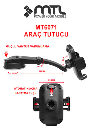 Güçlü Vantuzlu & Teleskopik Kollu Araç İçi Telefon Tutucu Otomatik Kilitli 360° Döner Başlık