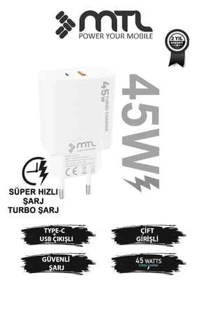 45W Turbo Şarj Çift Çıkış Type-C + USB Adaptör Süper Fast Şarj Başlığı MT1755