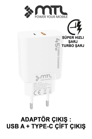 45W Turbo Şarj Çift Çıkış Type-C + USB Adaptör Süper Fast Şarj Başlığı MT1755