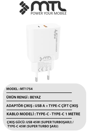 45W Turbo Şarj Çift Çıkış Type-C + USB Adaptör Süper Fast Şarj Başlığı MT1755