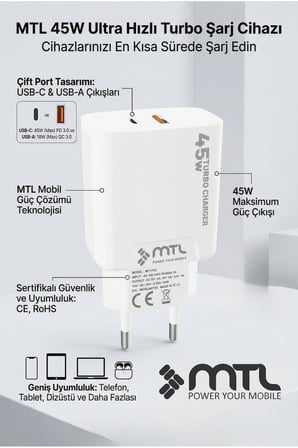 45W Turbo Şarj Çift Çıkış Type-C + USB Adaptör Süper Fast Şarj Başlığı MT1755