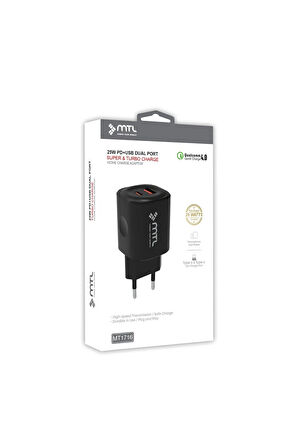 25W PD Type-C ve USB Çift Giriş Şarj Adaptörü MT1716