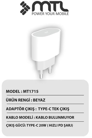 20W PD QC 4.0 Destekli Type-C Çıkışlı Hızlı Şarj Adaptörü MT1715