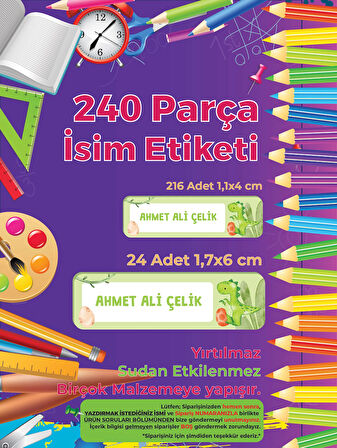 Okul Etiketi, Kalem Defter Etiketi, Şirin Dinazor Etiketi - 240 Adet Folyo Sticker