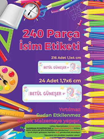 Okul Etiketi, Kalem Defter Etiketi, Unicorn Etiketi - 240 Adet Folyo Sticker