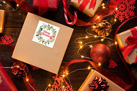 Yılbaşı Etiket Ayıcıklı-1, Merry Christmas, 5 Cm-50 Adet Folyo Sticker