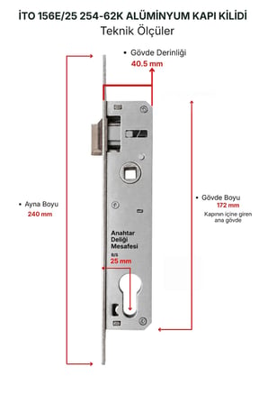 İto 156E 25 mm C60 Alüminyum Kapı Kilidi + 62 mm Silindir Kilit Göbeği Takımı