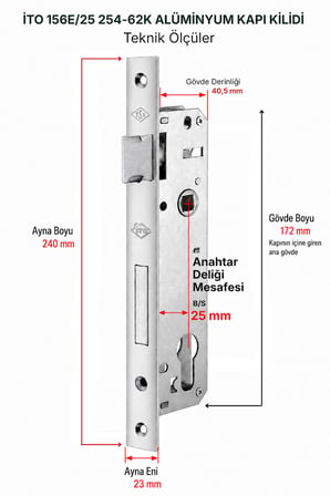 İto 156E 25 mm C60 Alüminyum Kapı Kilidi + 62 mm Silindir Kilit Göbeği Takımı