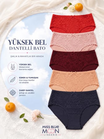 Yüksek Bel Dantelli Bato 5'li Külot 5600