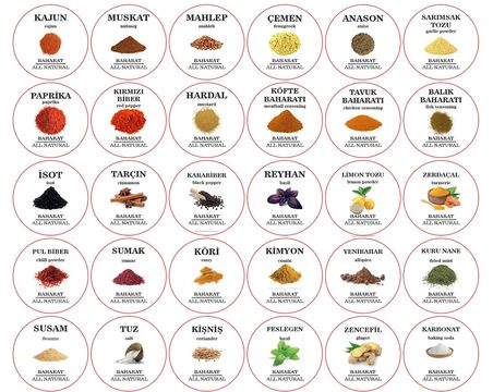 Renkli Kavanoz Etiket Seti-114 Adet Baharat, Bakliyat, Ot ve Kuruyemiş Etiketi-5cm Folyo Sticker