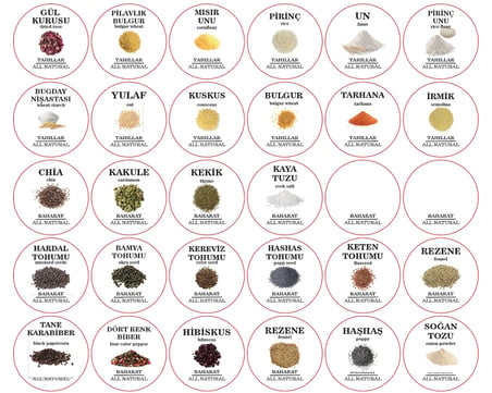 Renkli Kavanoz Etiket Seti-114 Adet Baharat, Bakliyat, Ot ve Kuruyemiş Etiketi-5cm Folyo Sticker