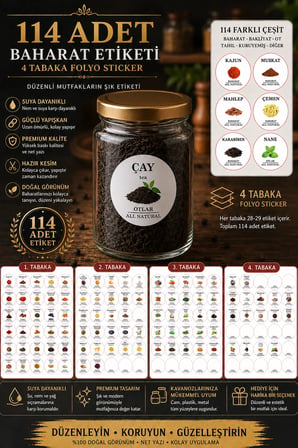 Renkli Kavanoz Etiket Seti-114 Adet Baharat, Bakliyat, Ot ve Kuruyemiş Etiketi-5cm Folyo Sticker