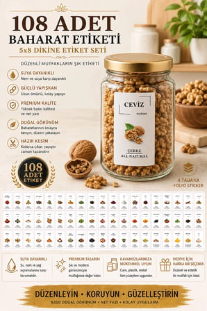 Renkli Kavanoz Etiket Seti-108 Adet Baharat, Bakliyat, Ot ve Kuruyemiş Etiketi-5x8cm Folyo Sticker