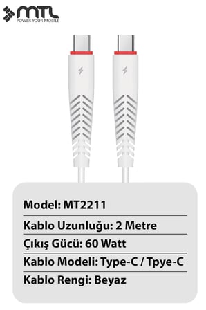 60W PD Type-C to Type-C Hızlı Şarj ve Data Kablosu 2 Metre MT2211