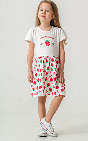 Çilek Baskılı Kız Çocuk Elbise 50973