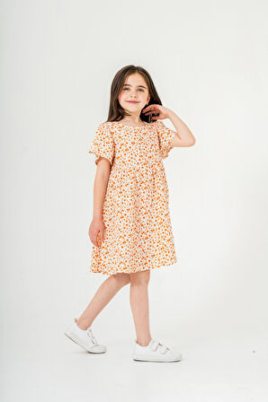 Çiçek Desnli Kız Çocuk Müslin Elbise 3802