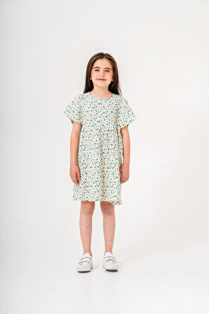 Çiçek Desnli Kız Çocuk Müslin Elbise 3802