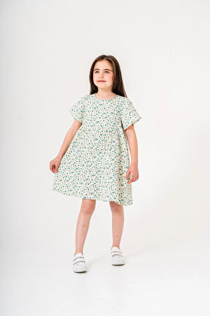 Çiçek Desnli Kız Çocuk Müslin Elbise 3802