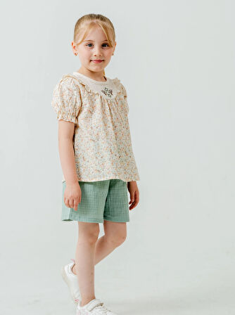 Çiçek Nakışlı Şortlu Kız Bebek Müslin Takım 3814