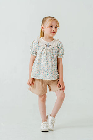 Çiçek Nakışlı Şortlu Kız Bebek Müslin Takım 3814