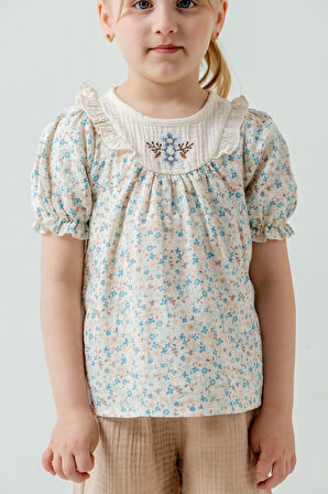 Çiçek Nakışlı Şortlu Kız Bebek Müslin Takım 3814