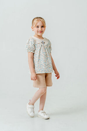 Çiçek Nakışlı Şortlu Kız Bebek Müslin Takım 3814