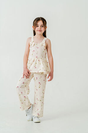 Çiçek Desenli Kız Çocuk Müslin Takım 3817