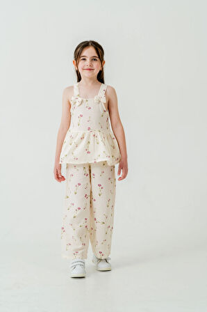 Çiçek Desenli Kız Çocuk Müslin Takım 3817