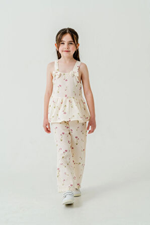 Çiçek Desenli Kız Çocuk Müslin Takım 3817